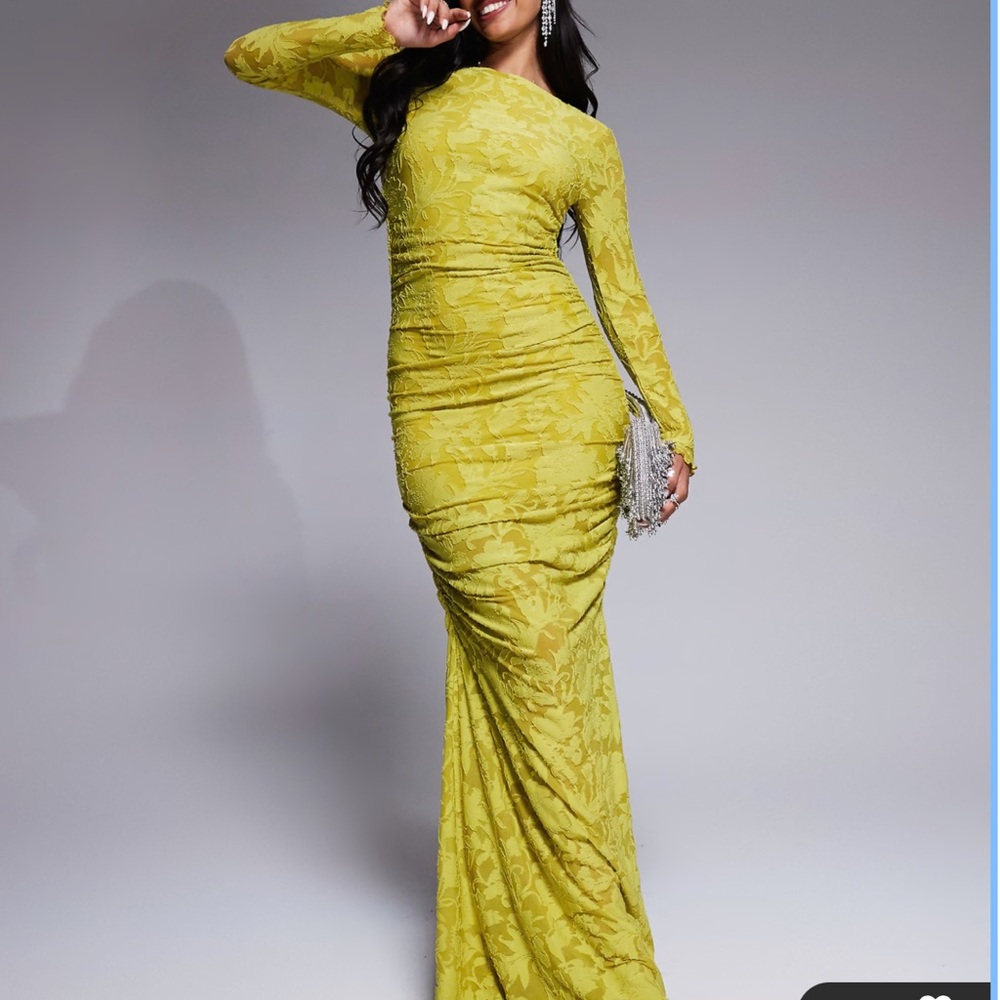 ASOS DESIGN devore long sleeve ruched midi dress in Lime size SMALL - SOLD OUT